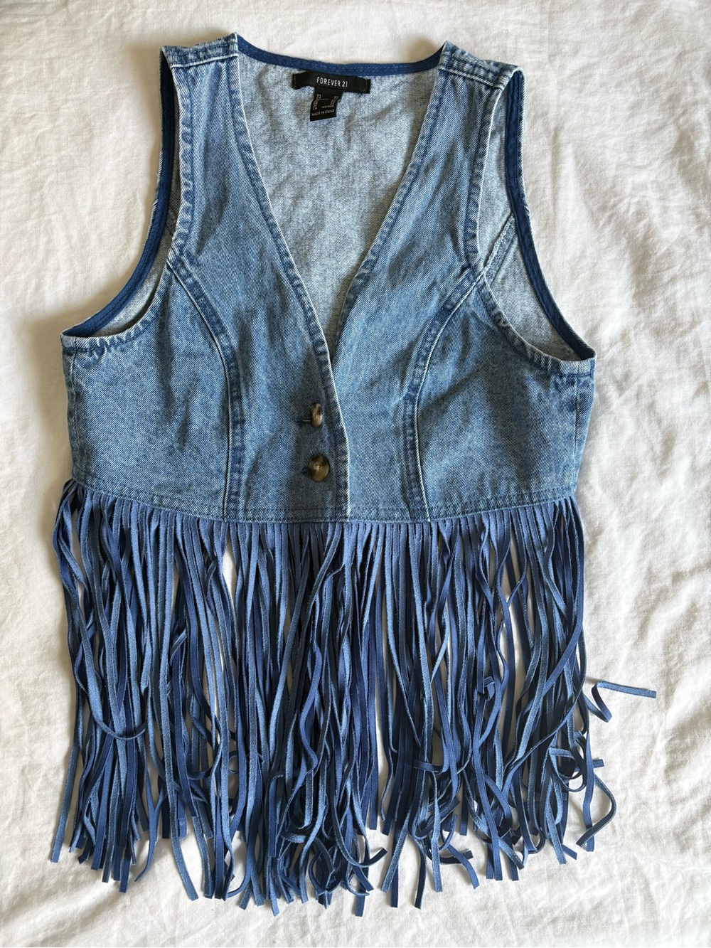 Forever 21 Light Blue Denim Fringe Crop Vest